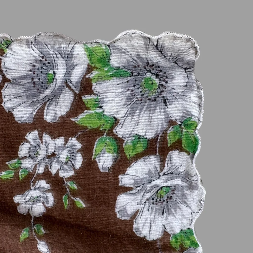 Vintage 1950s Floral Handkerchief Brown White